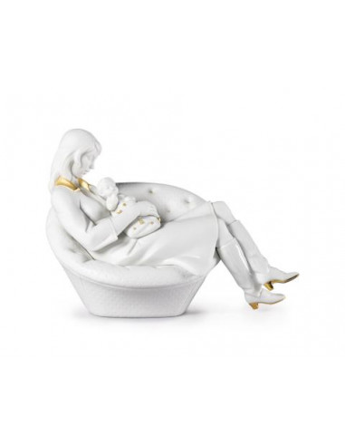 Lladró Sleeping with Mum statue. Gold and white luster